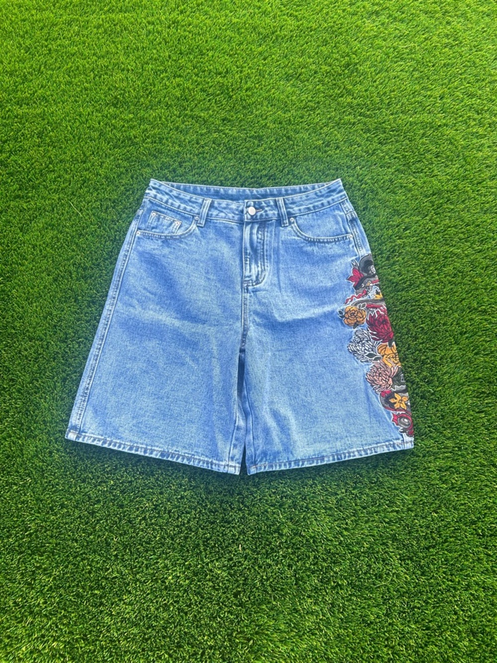 Embroidered Floral Light Blue Denim baggy jorts